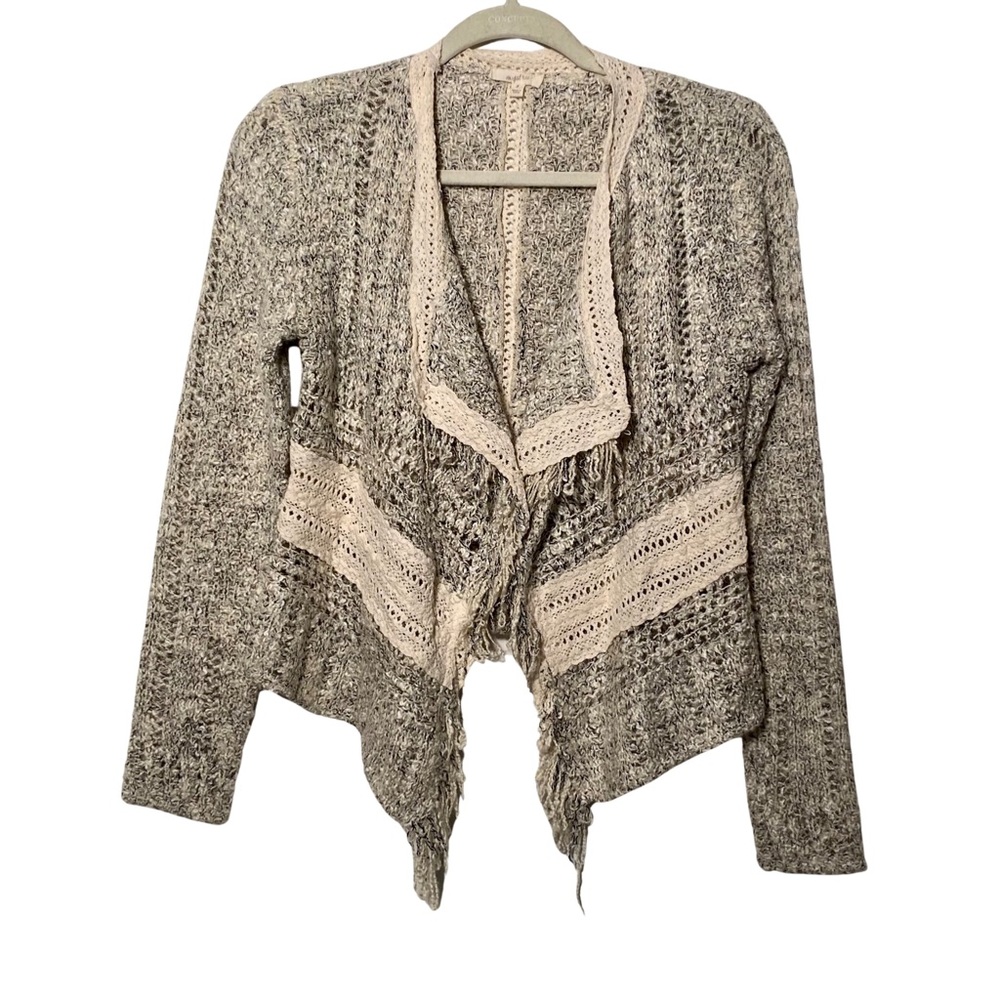 Mystree Boho Fringe Crochet Open Knit Cardigan Sweater Small